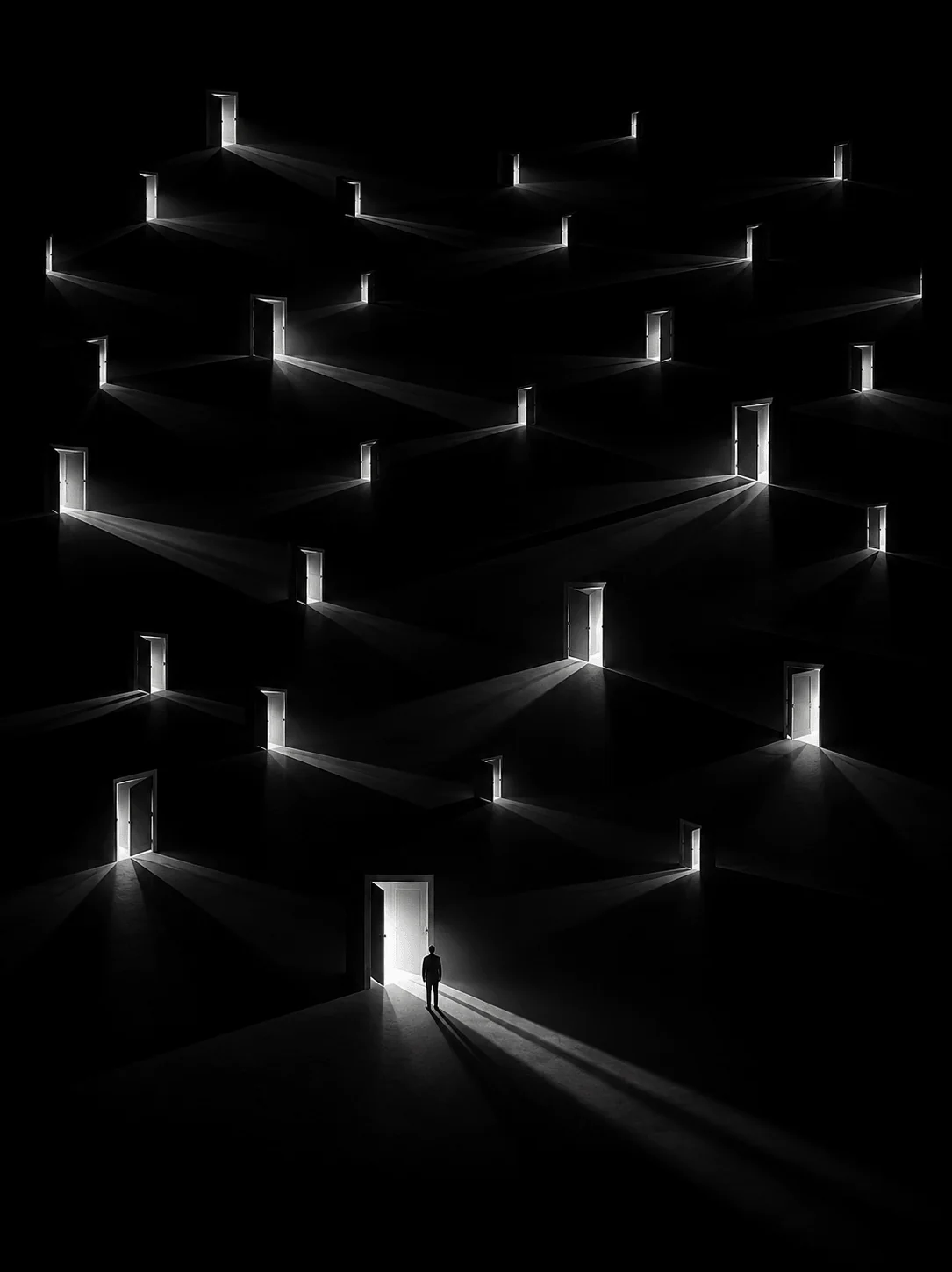 Dozens of open doors in the dark, each spilling light, with one person standing in the nearest.